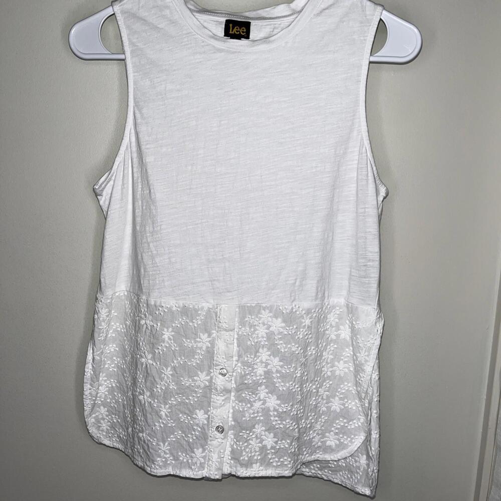 Lee Women’s White Sleeveless Top Knit Cotton Embroidery Cool Summer Size Small
